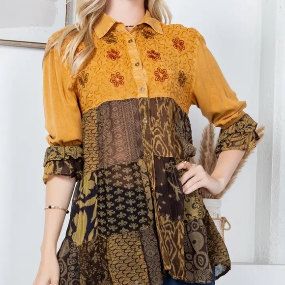 #116 NWT Young Threads Camel Earthy Boho Patchwork Tiered Top Woman Size L - Picture 7 of 16